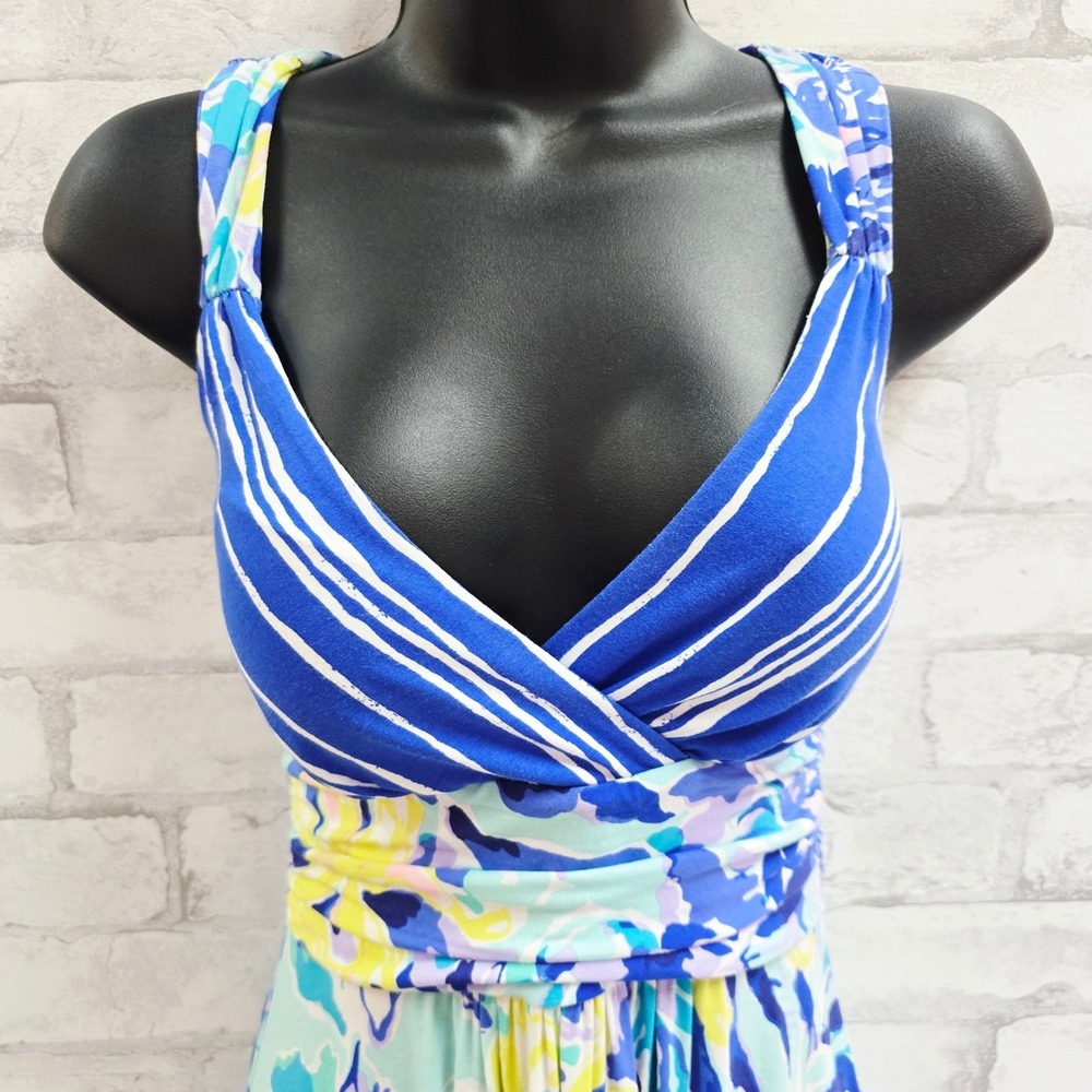 Lilly Pulitzer XS Blue White Striped Floral Tropical V-Neck Cross Back Dress - Picture 2 of 11